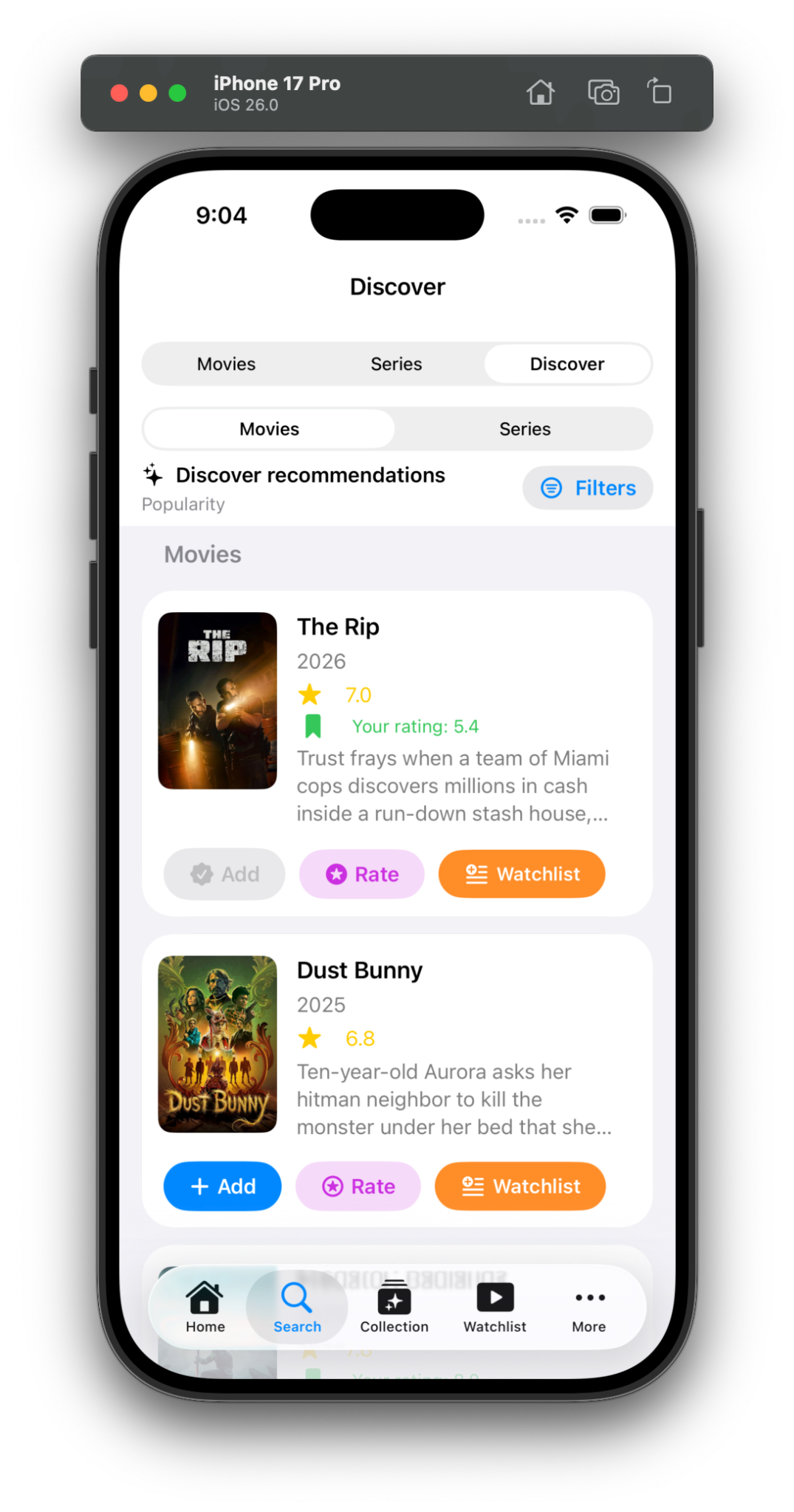 Discover recommendations screen
