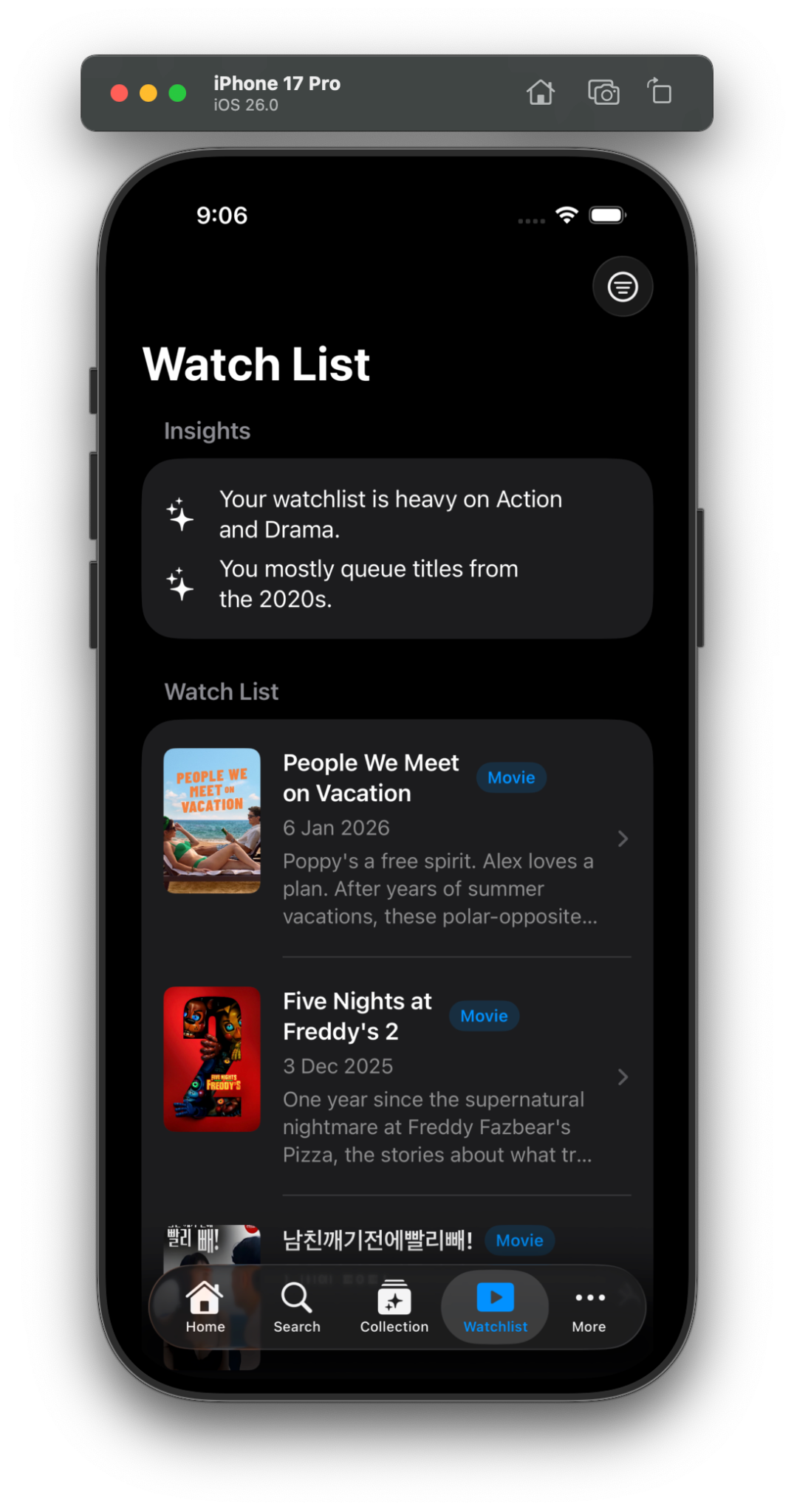 Home Reels collection screen, dark mode